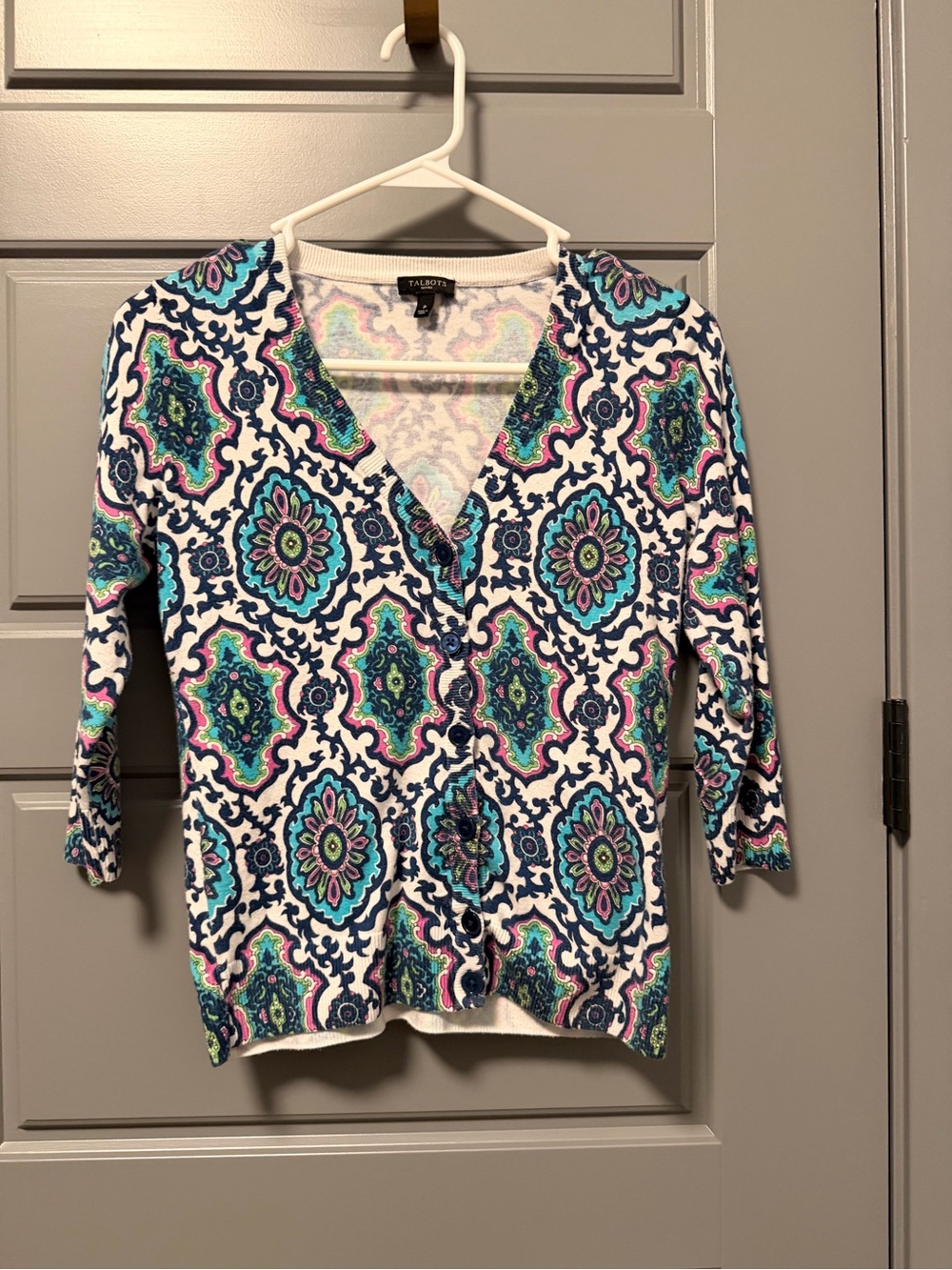 Talbots Blue & Teal Patterned V-Neck Cardigan P